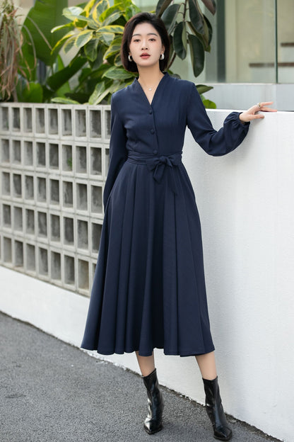Handmade Navy Blue Button-Front Midi Dress – Vintage Long Sleeve Swing Dress 6659 -Size XS #CK2600029
