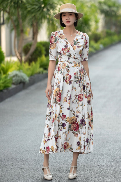Floral Linen Cotton Wrap Midi Dress – Vintage V-Neck Summer Dress 6667
