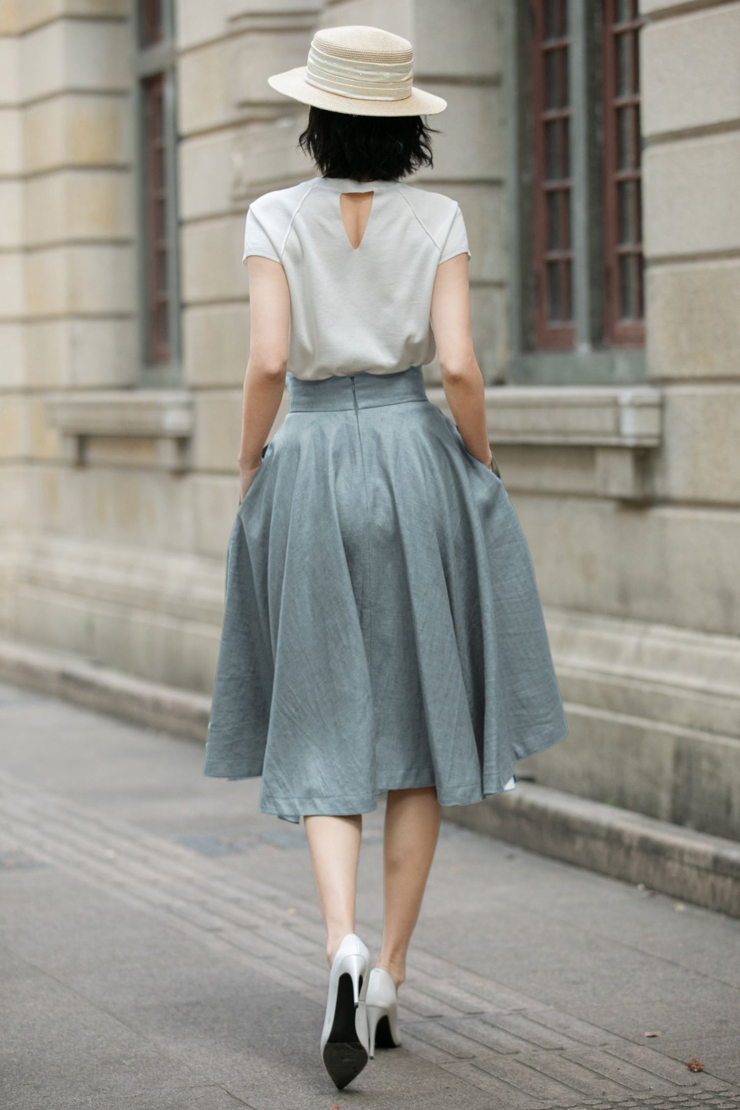 Handmade Linen Circle Skirt – High Waist Pleated Midi Skirt for Spring Summer 6711