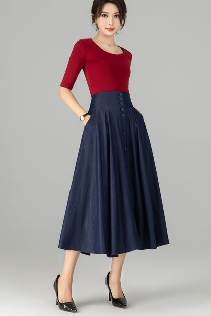 Navy Cotton Denim Midi Skirt - High Waist A-Line Button Front 5713
