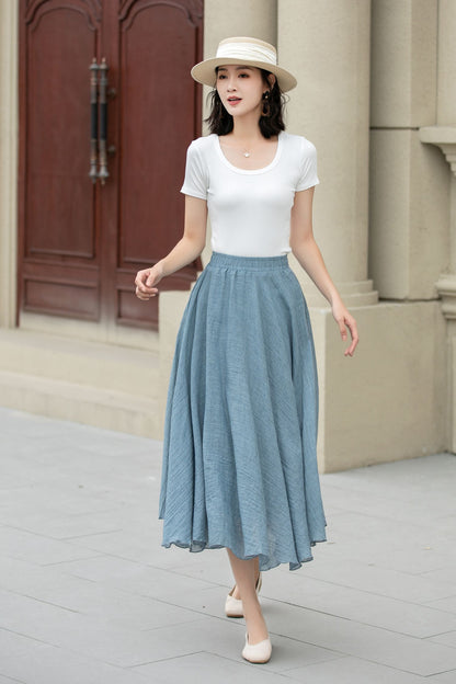 Blue Linen Cotton Midi Skirt - A-Line Swing | Xiaolizi 5150