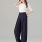 Navy loose fitting wide leg linen pants 4937