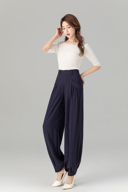 Navy Linen Wide Leg Pants - Loose Fit with Lantern Silhouette 4937