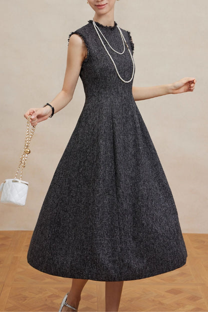 Classic Dark Grey Wool Midi Dress  – Fit & Flare A-Line – 6455