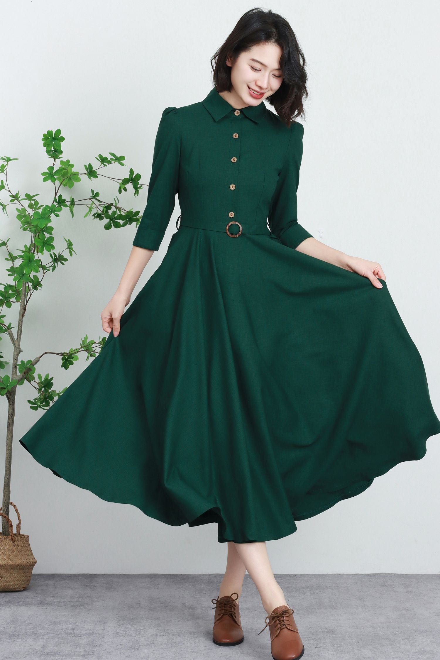 chinese dress ladies Pinstripe long sleeve Aline dress with belt – heartmycloset main image 1