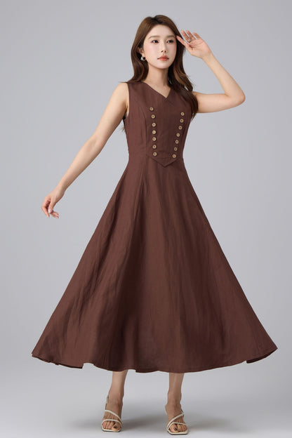 Brown Linen Cotton Pinafore Dress - V-Neck Maxi | Xiaolizi 6757