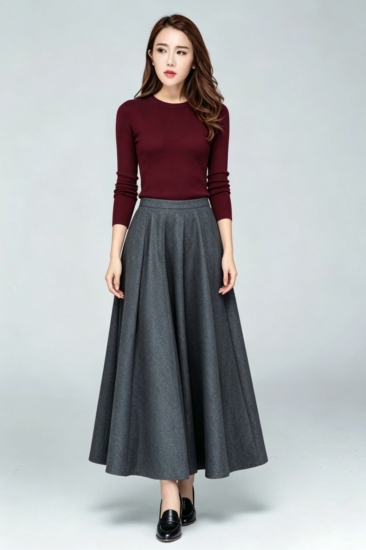 Grey Wool Blend Maxi Swing Skirt-High Waist Pleated Long Skrit 7012