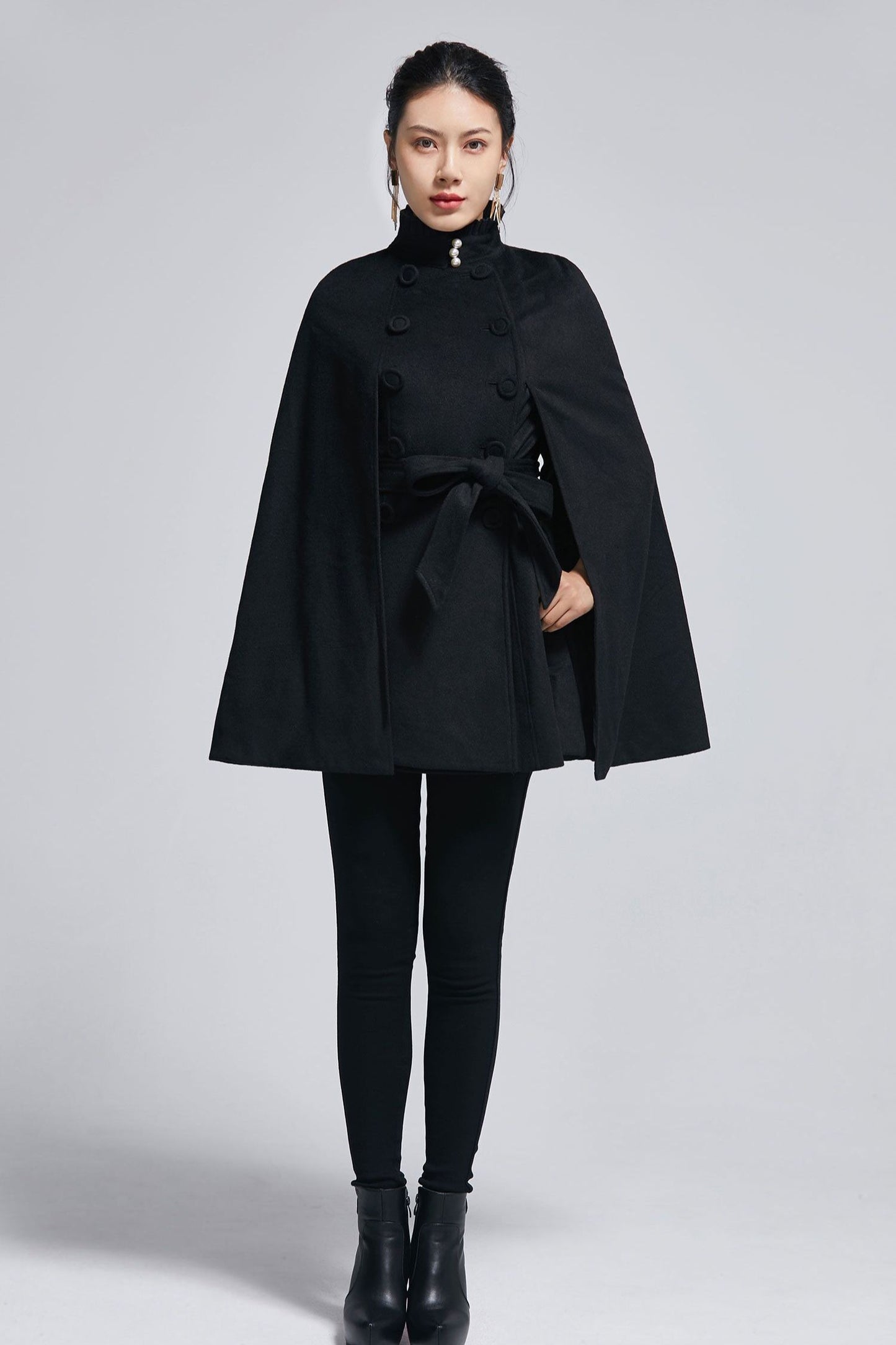 Black wool cape coat with self tie belt 2278