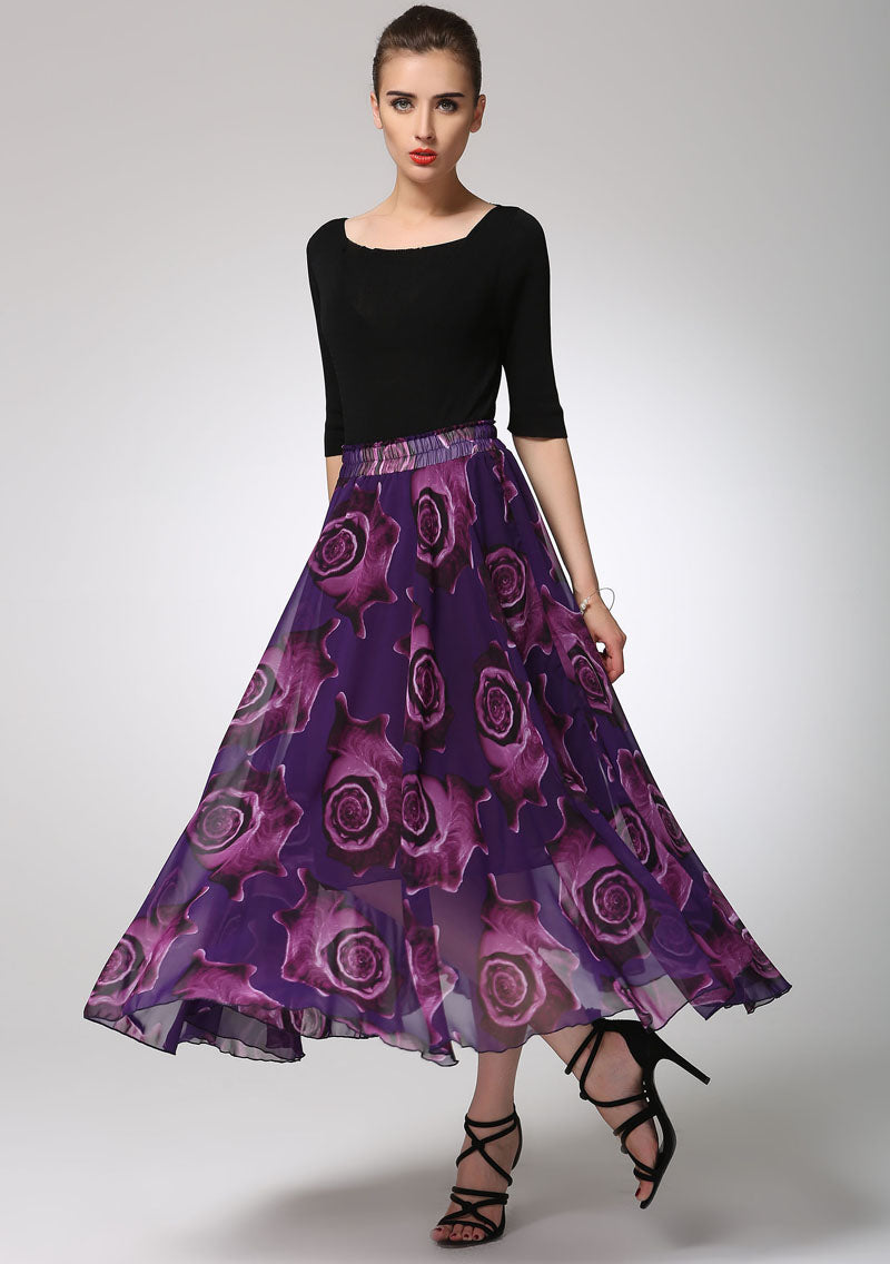 Vintage-Inspired Purple Print Chiffon Skirt with Elastic Waist 1297