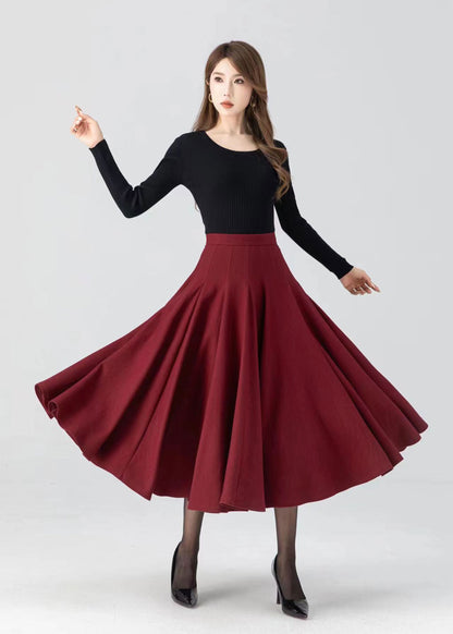 Women's Red Wool Swing Midi Skirt – Warm Winter Pleated High Waist Skirt | Xiaolizi 4782