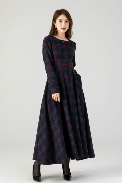 Handmade Navy Red Plaid Wool Maxi Dress – Long Sleeve Fit and Flare | Xiaolizi 5266