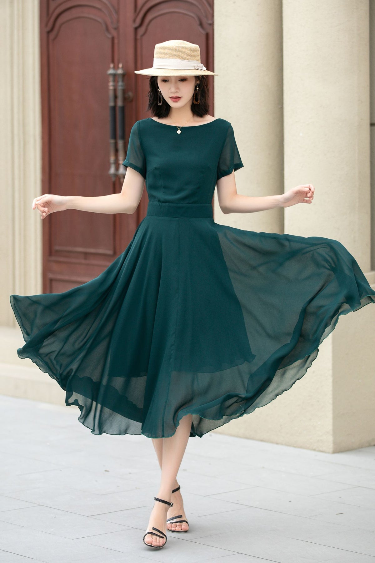Emerald Green Chiffon Midi Fit and Flare Dress - Sheer Sleeve 5145