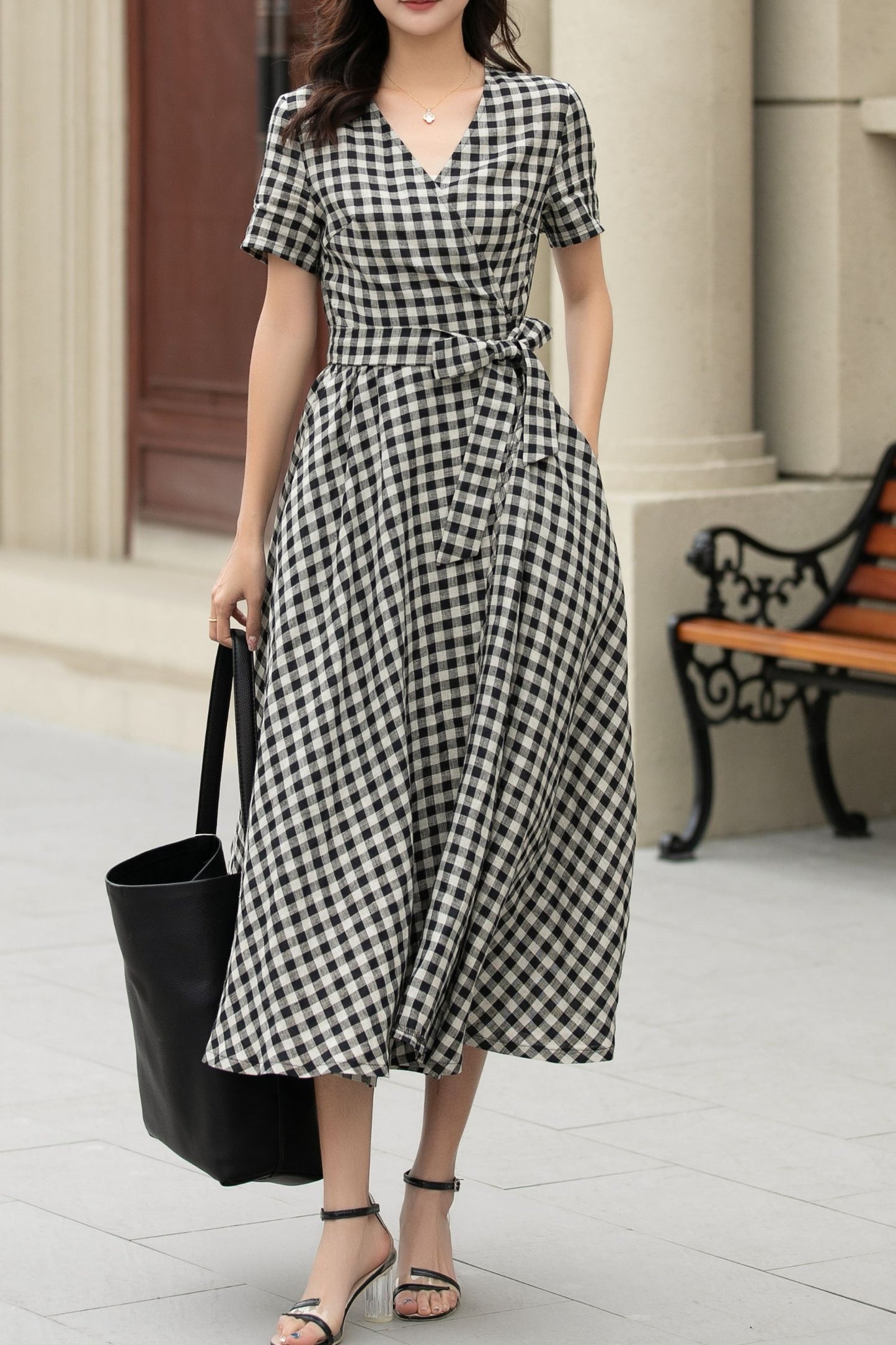 Black and white summer plaid linen wrap dress 4948