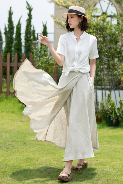 Beige Swing Linen Midi Wrap Skirt 5201
