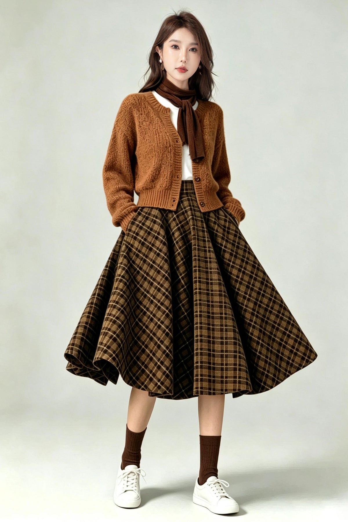 Vintage Brown Plaid Wool Swing Midi Skirt-High Waist Flared Skirt with Pockets 7013