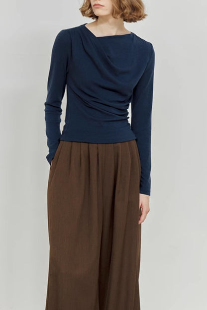 Elegant blue pleating long sleeves top 5528