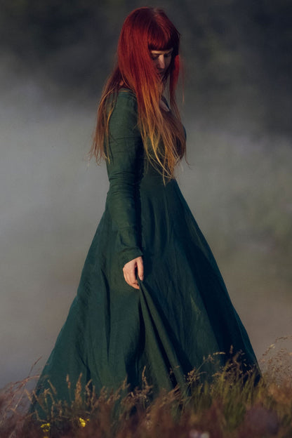 Green Long sleeve green Linen Dress 3738
