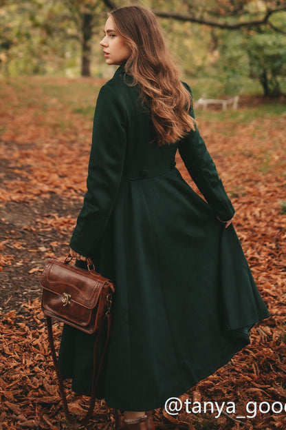 Army Green Wool Maxi Coat - Pleated Flare Double Breasted 3160