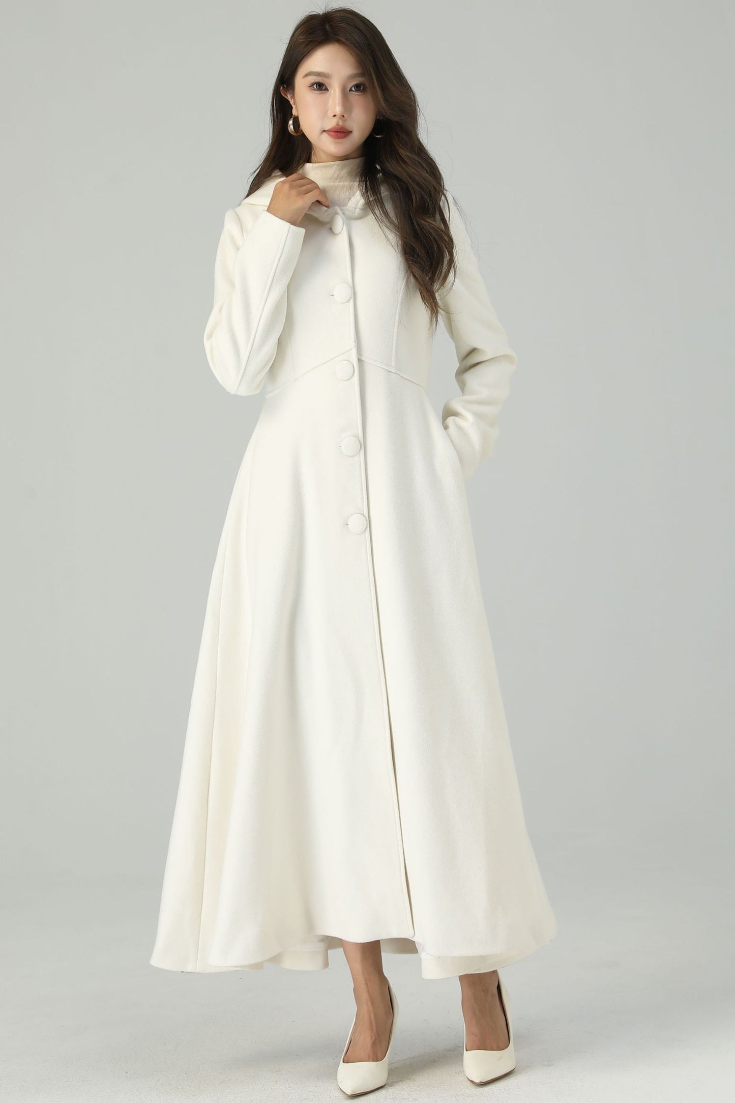 Hooded maxi white wedding wool coat 4519