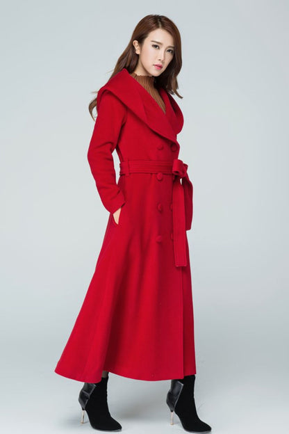 Red Wool Long Trench Coat - Hooded Double Breasted with Tie Belt 1602