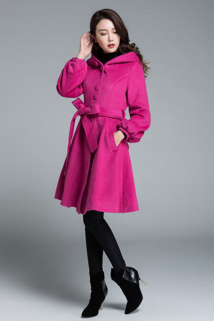 Hooded swing wool coat with tie belt waist 1647