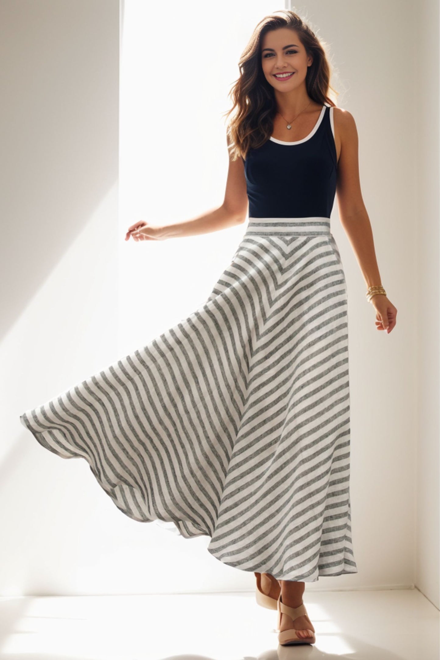 Maxi a line stripled summer linen skirt 5120