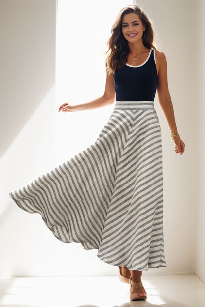 Striped Linen Maxi Skirt - A-Line Flowy High Waist 5120