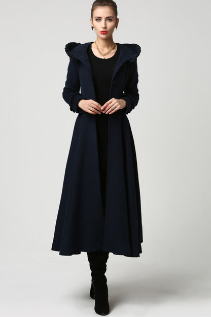 Navy Hooded Wool Maxi Coat – Ruffle Trim Fit & Flare Winter Coat | Xiaolizi 1102