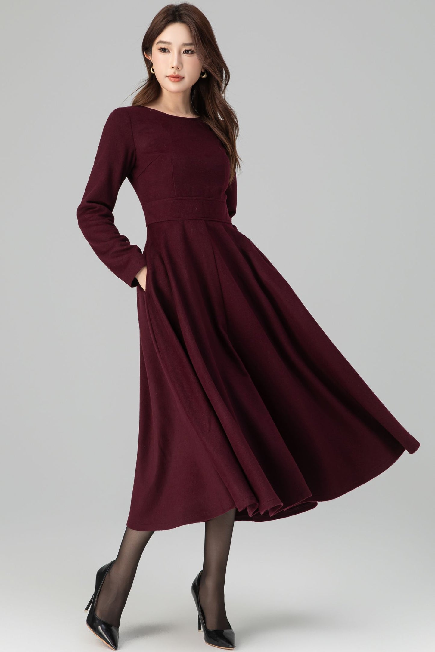 Burgundy Wool Dress – Handmade Long Sleeve Fit & Flare Winter Midi | Xiaolizi 6392