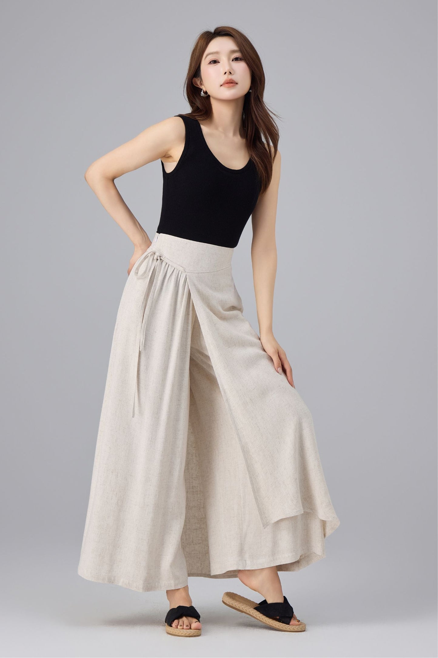 Beige Linen Cotton Wrap Pant - Wide Leg, Tie Belt Design | Xiaolizi 6763