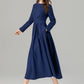 Long sleeves navy midi linen dress women 4925