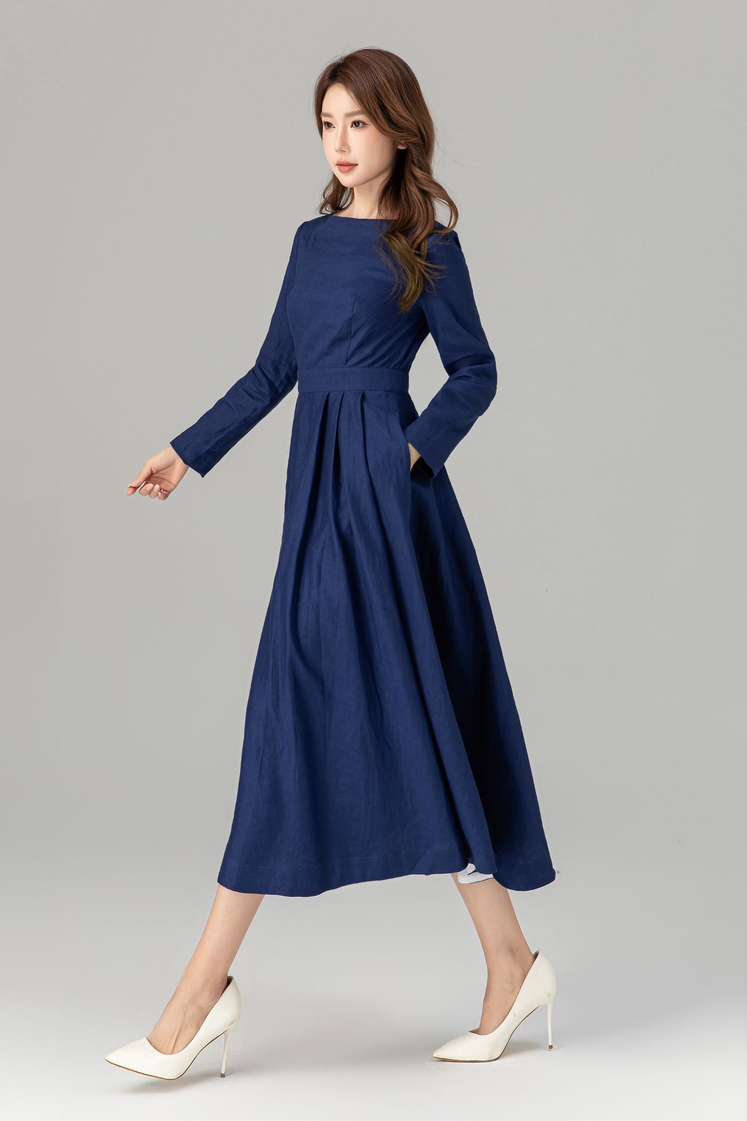 Navy Linen Midi Dress – Elegant Long Sleeve Linen-Cotton Fit and Flare Dress 4925 Navy / XL Navy Linen Midi Dress – Elegant Long Sleeve Linen-Cotton Fit and Flare Dress 4925 Navy / XL
