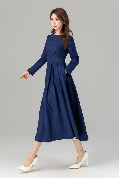 Navy Linen Midi Dress – Long Sleeve Fit and Flare Dress with Pockets 4925
