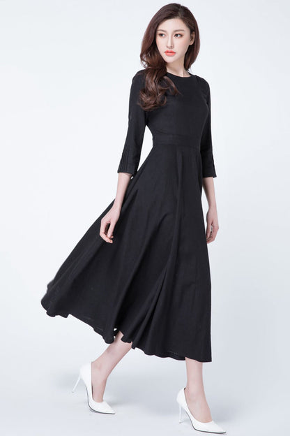 Black Linen Midi Dress - Fit and Flare Silhouette with Pockets 1728
