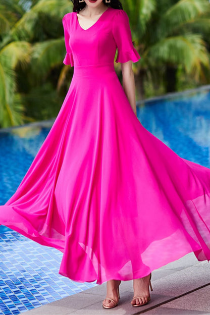 Red Chiffon Maxi Dress - Flowing V-Neck Bridesmaid Gown 5009