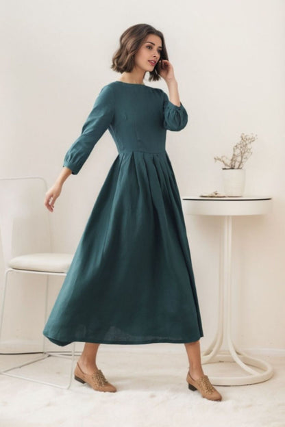 Dark Green Linen Maxi Dress - Flowy A-Line with Pleated Waist 5513