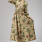 Handmade Floral Linen Shirt Dress – Vintage Drawstring Maxi Dress | Xiaolizi 696