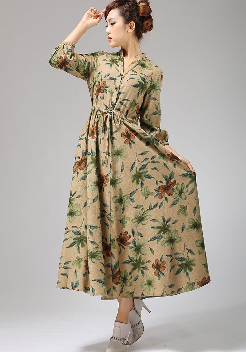 Handmade Floral Linen Shirt Dress – Vintage Drawstring Maxi Dress | Xiaolizi 696