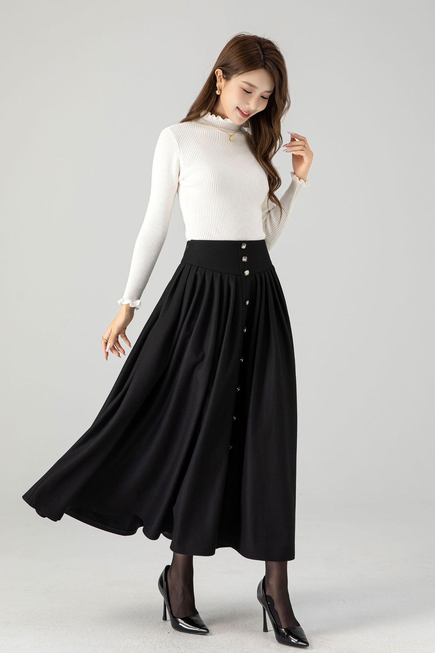 Swing black long pleated wool skirt 4611