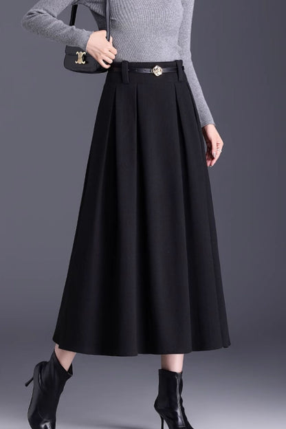 Brown Wool A-Line Midi Skirt - Pleated Elegant Silhouette 6137