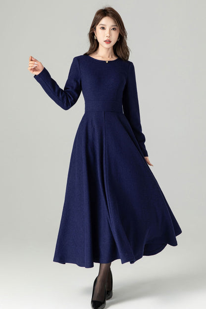 Navy Blue Wool Blend Midi Dress – Handmade Fit & Flare Winter Elegance 4493