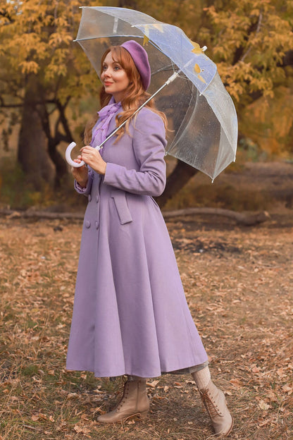 Lilac Wool Coat - Double Breasted, Mid-Calf Elegant Outerwear 3125