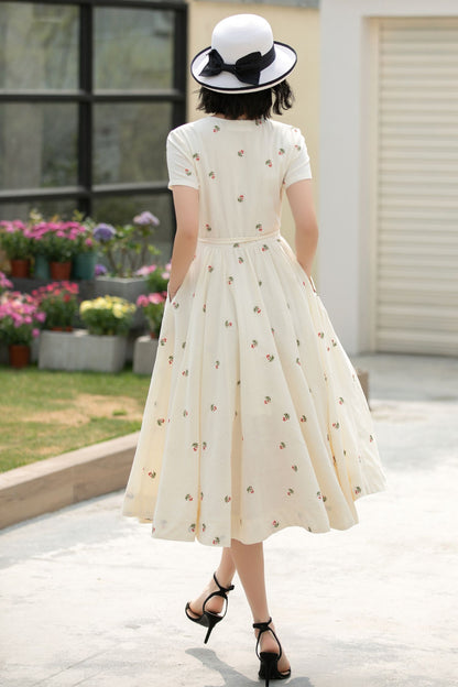 Handmade Cream White Embroidered Linen Cotton Wrap Dress – Vintage Summer Midi 5835