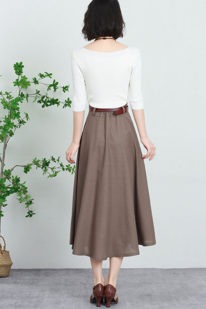 Beige Linen Cotton Midi Skirt - High-Waisted A-Line with Pockets 5740