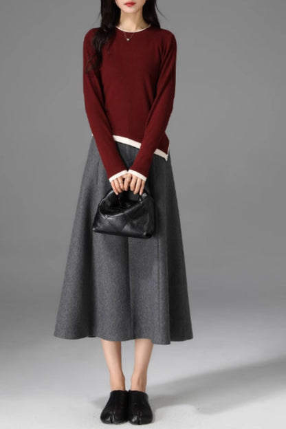Gray Wool Midi Skirt - A-Line Silhouette with Pockets 5470