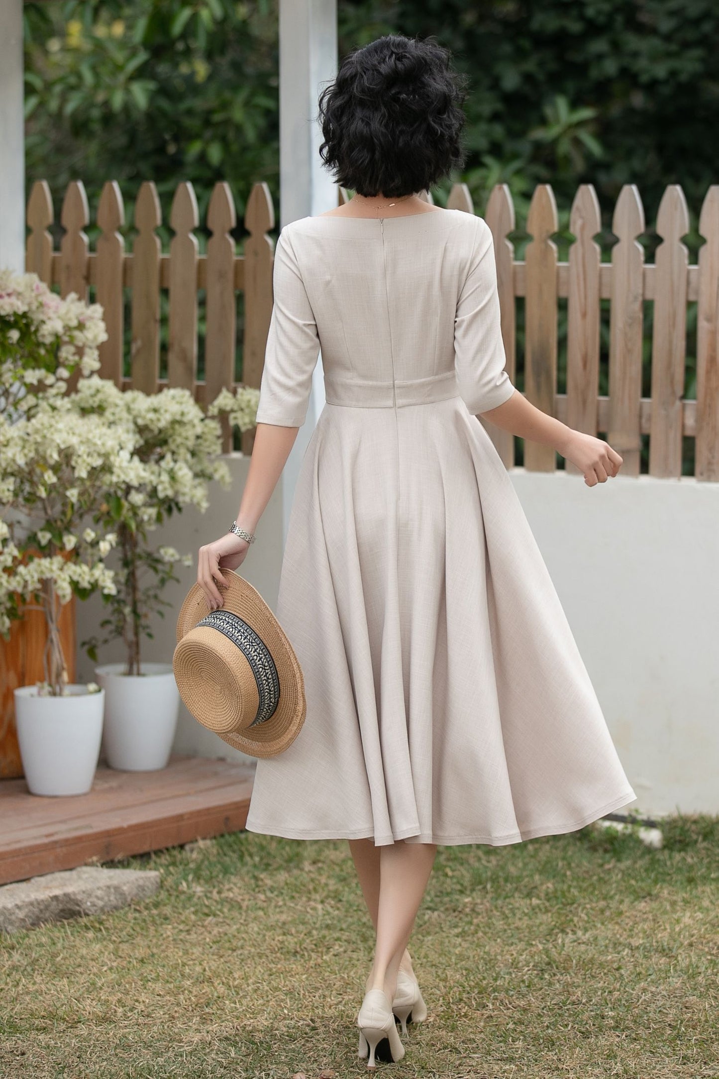 Beige Linen Midi Dress – Handmade Vintage A-Line Fit & Flare Dress with Pockets | Xiaolizi 6700 -Size XS #CK2600184