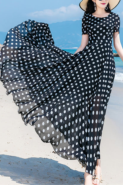 Black and White Polka Dot Chiffon Maxi Dress - Flowy, Short Sleeve HY0030