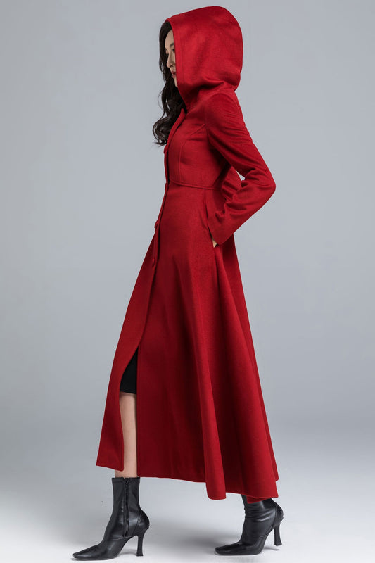 Red Wool Hooded Coat – Vintage Maxi Winter Overcoat for Women 2483
