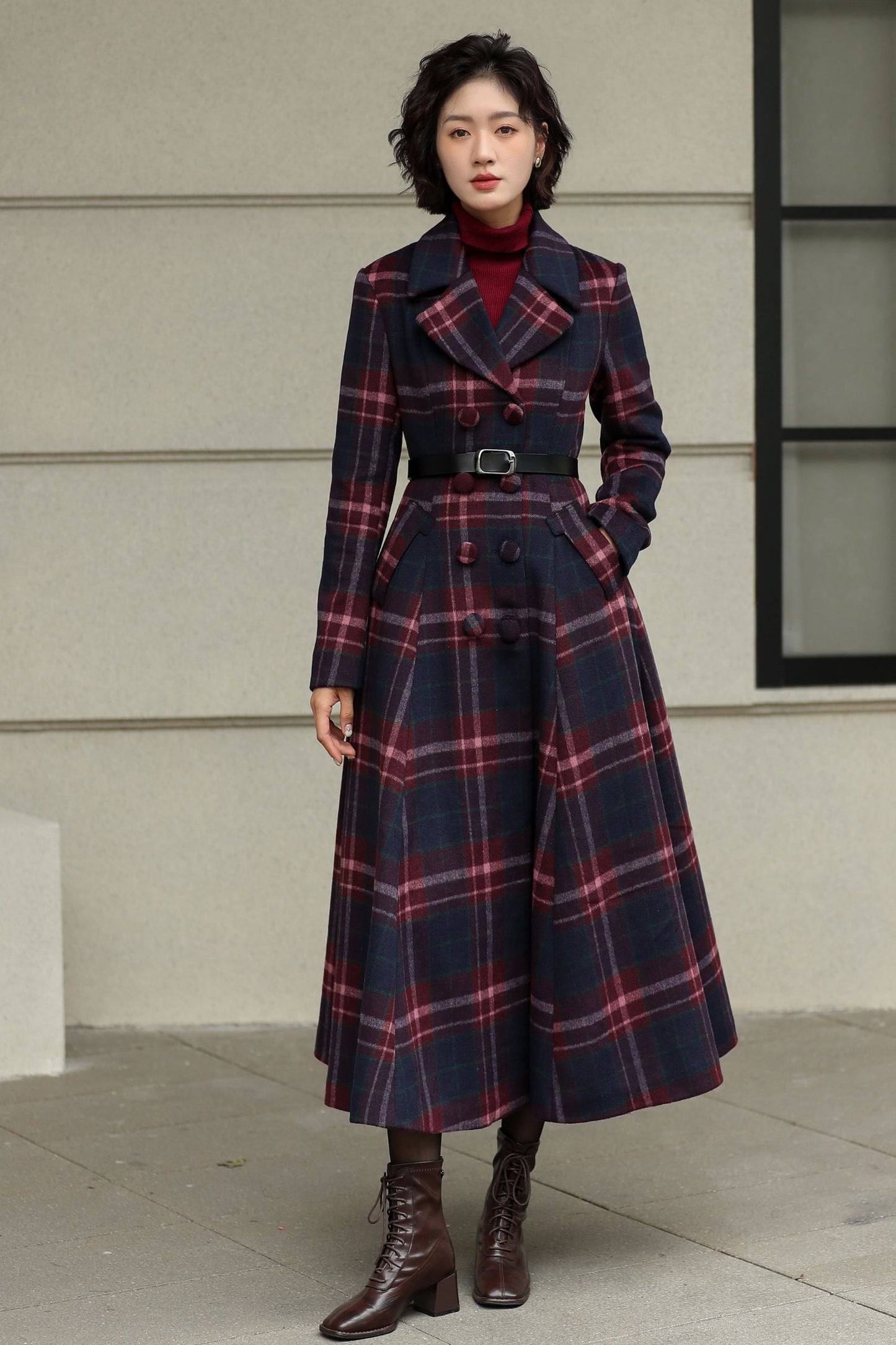 Plaid Wool Swing Coat – Vintage 1950s Double Breasted Long Overcoat 6536