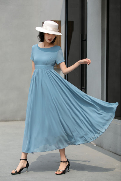 Hight waist Blue chiffon maxi dress 5862